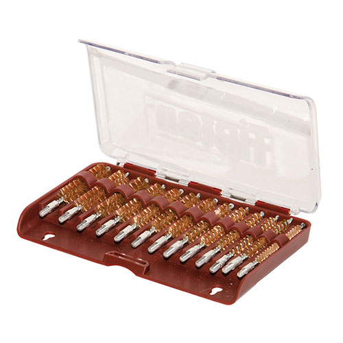 .17-.45 kaliiperin tarkkuuspuhdistukseen suunniteltu 13-osainen Tipton Bronze Bristle Rifle Bore Brush Set on kestävässä laatikossa ja valmistettu premium-fosfori-bronssista.
