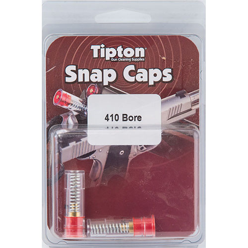 Tipton Snap Caps 410 Bore 2 Pack suojaa laukaisinjousia ja estää iskupään putoamisen tyhjään patruunaluotiin, täydellinen säilytykseen ja säätöihin.