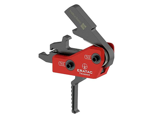 ERATAC Trigger on AR-alustoille: helppo asennus ilman purkamista, tarkka single-stage trigger, säädettävä vetopaino ja lyhyt reset.