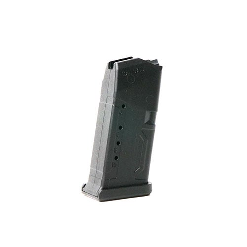 10 Round Glock Magazine 9mm tarjoaa ruostumattoman teräksen jousen, helposti irrotettavan pohjalevyn puhdistusta varten ja kapasiteetti-ikkunat.