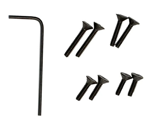 MAGNETOSPEED V3 Chronographin varasruuvipaketti sisältää kolme eri kokoa ruuveja ja hex-avaimen, mikä helpottaa asennusta ja käyttöä.