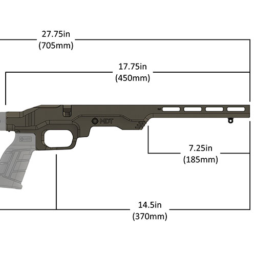 MDT LSS-RF Gen 2 Chassis System on suunniteltu 22LR/17 HMR kiväärille, kevyt, kompakti ja M-Lok-yhteensopiva, käytettävissä tehtaalla valmistetuilla lipasilla.