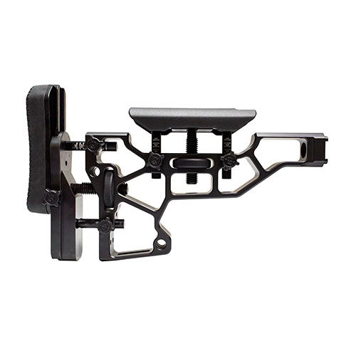 MDT Elite Fixed Rifle Stock tarjoaa työkaluttoman säädön, mukautuvan poskipakan ja perän, sekä teräksisen perälevyn, täydelliseen ampumamukavuuteen.