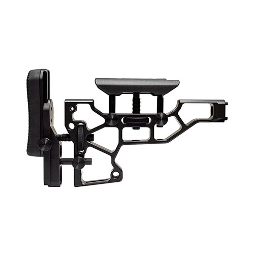 MDT Skeleton Rifle Stock tarjoaa työkaluttoman säädön, jonka avulla voit säätää poskituen ja perän korkeutta täydellisesti ACC- ja ESS-chassis'ille.