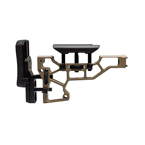 MDT Skeleton Rifle Stock tarjoaa työkaluttoman säädettävyyden, täydellisen istuvuuden ja parantaa ampujan mukavuutta ACC/ESS-koteloissa (XTN interface).