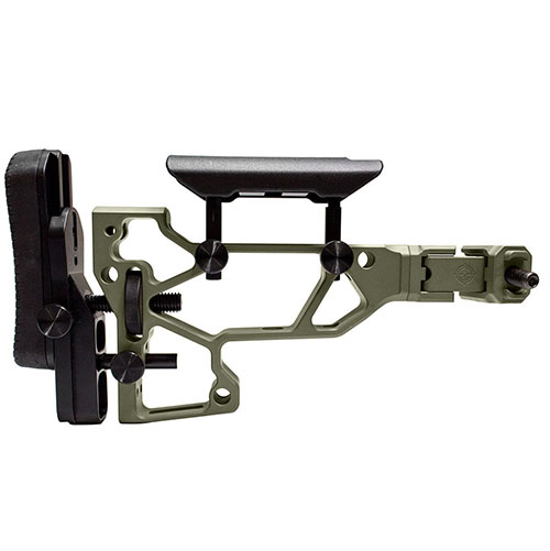 MDT Folding Rifle Stock tarjoaa työkaluttoman säädön, mukautuvan poskipakan ja tukin, sekä lyhyemmän rakenteen, joka ylläpitää oikeaa LOP:ia ACC/ESS chassiksille.