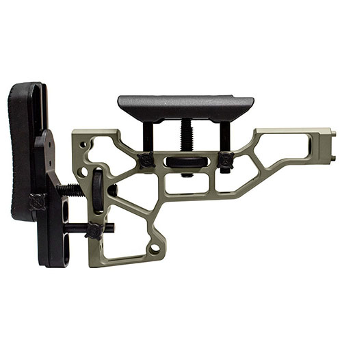 MDT Skeleton Rifle Stock tarjoaa työkaluttoman säädön, mukautettavat cheek riser ja buttpadin, täydelliseen istuvuuteen ACC ja ESS chassiksille (XTN interface).