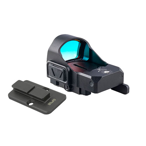 Mepro microRDS tarjoaa nopean kohteen hankinnan kompaktissa pistoolin tähtäimessä, asennus ilman porausta ja mukana Meprolight® TruDot™ varatähtäin.
