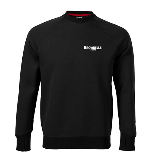 Brownells Europe Sweatshirt on mukautuva ja kestävä, jossa on raglan-hihat, thumbhole-cuffit ja 5% elastaania, tarjoten mukavuutta ja liikkuvuutta.