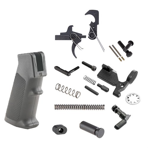Brownells BRN-180 LOWER PARTS KIT sisältää kaikki tarvittavat osat, kuten Magazine Release, CMMG Trigger ja Safety Selector, helpottaen aseesi kokoamista.