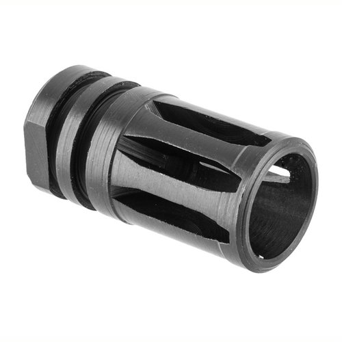 Standardi A2 flash hider 1/2-28 kierteellä, valmistettu 4140 teräksestä ja mustalla oksidipinnoitteella, vähentää häikäisyä ja parantaa tarkkuutta.