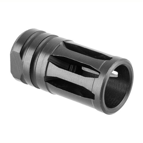 Standard A2 flash hider 5/8-24 kierteillä, valmistettu 4140 teräksestä ja mustalla oksidipinnoitteella, vähentää ääntä ja häikäisyä ampumisen aikana.