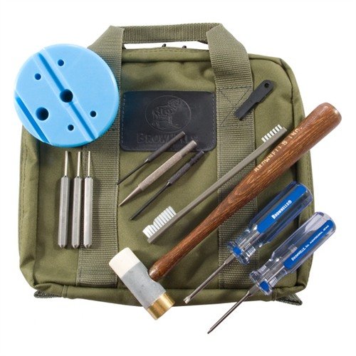 Brownells S&W M&P Pistol Field Pack tarjoaa kestävän ja kompaktin työkalupakin, joka sisältää kaikki tarvittavat työkalut M&P-pistoolin huoltoon ja ylläpitoon.