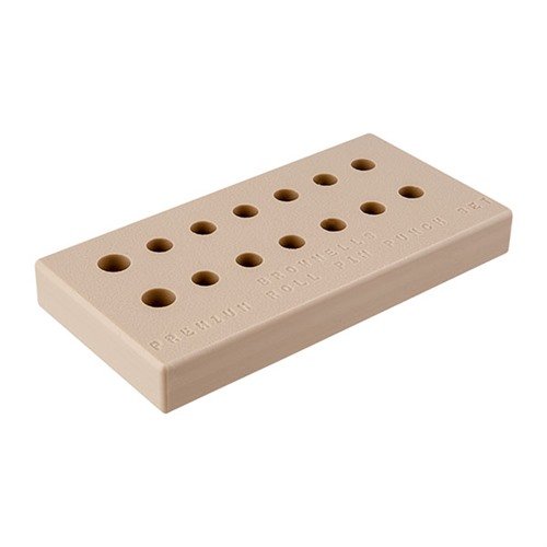 Delrin-tyyppinen bench block, jossa 14 reikää Brownellsin premium roll pin -sarjoille. Koko 6.125