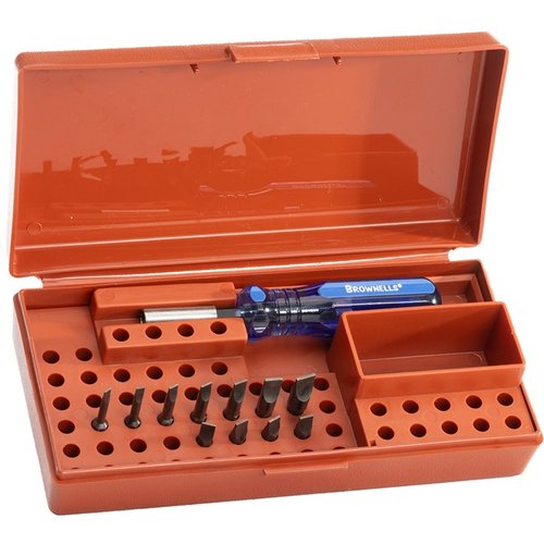 Brownells STANDARD MAGNA-TIP® SET tarjoaa monipuoliset vaihdettavat bitit, kestävä rakenne ja ergonominen kahva, täydellinen tarkkaan asehuoltoon.