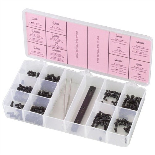 SIGHT BASE SCREW KIT sisältää 216 slotted-head ruuvia, jotka kattavat 99% kaikista scope- ja sight-asennustarpeista, säästäen aikaa ja rahaa.