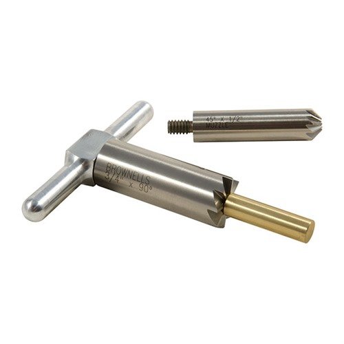 .38/.357 BRASS ONE CALIBER SET sisältää 90° ja 45° cutterit, jotka tasoittavat ja chamferoivat piippuja, sekä vaihdettavan brass bore pilotin.