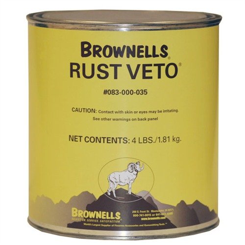 Brownells Rust Veto on tehokas ruosteenestoaine, joka suojaa aseita ruosteelta ja korroosiolta vuosien ajan. Se sulaa 140°-170° F:ssä täydelliseen peittoon.