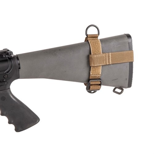 V-TAC Buttstock Adapter tarjoaa oikean yläpuolen sling-kiinnityskohtaa kiinteästi varustetuille kivääreille ja haulikoille. Saatavilla mustana tai coyotena.