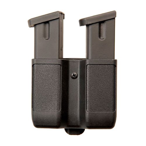 DOUBLE MAG CASE tarjoaa kaksinkertaisen kapasiteetin, joustavan jousen, säädettävän vyöklipsin ja mukautuvan muodon, joka sopii 9mm/.40 Cal/.45 Cal/10mm/357 Sig -kokoisille patruunoille.