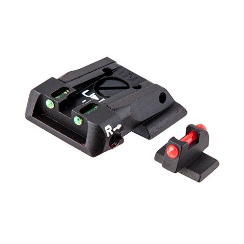 S&W M&P Fiber Optic Adjustable Sight Set tarjoaa erinomaisen näkyvyyden ja tarkkuuden, valmistettu kestävästä teräksestä ja tukevasta tapered dovetail -rakenteesta.