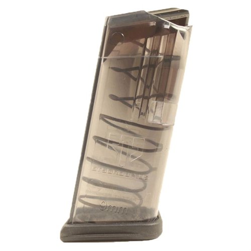 TRANSLUCENT MAGAZINE FOR GLOCK® 26 tarjoaa erinomaisen näkyvyyden, luotettavan toiminnan ja kestävästä Advanced Transparent Polymerista valmistetun rakenteen.