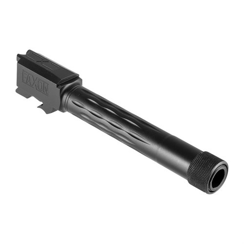 Faxonin 9mm Luger Flame Fluted -kivääriputki tuo räätälöidyn ilmeen S&W M&P 2.0:lle, tarkkuus 11 asteen kruunalla ja kestävä musta viimeistely.