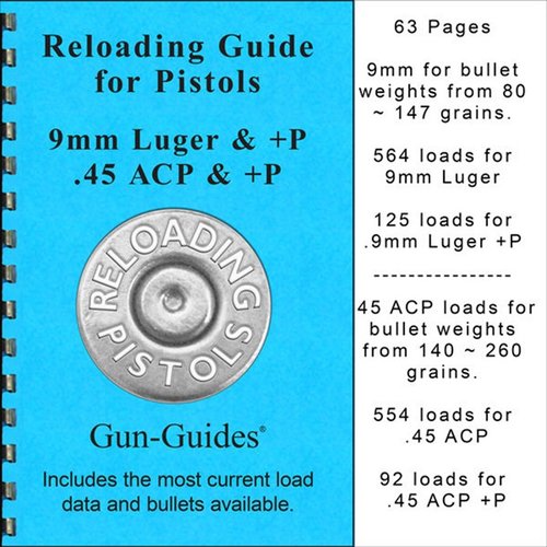 Hanki paras irti käsityöaseestasi! Reloading Guide for Pistols tarjoaa satoja lataussuosituksia 9mm ja .45 ACP -kaliibereille sekä tärkeitä lataustietoja.
