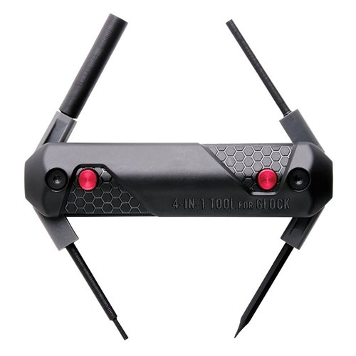 REAL AVID 4-in-1 Tool for Glock® on moderni, ergonominen työkalu, joka sisältää neljä työkalua, kuten pinni- ja sightinpoistotyökalut, helposti avattavissa.
