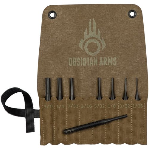 Obsidian Armsin 8-osainen punch-setti on helposti kuljetettava, sisältää suosituimmat koot ja on valmistettu kestävästä 4140 alloy steel -materiaalista.