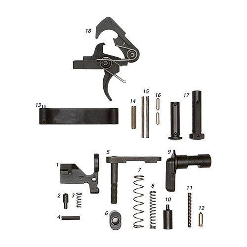 Täydellinen AR-15 Lower Parts Kit QMS Triggerilla, sisältää kaikki tarvittavat osat, kuten Bolt Catch, Mag Release ja Takedown Pins. Saatavilla myös ilman kahvaa!