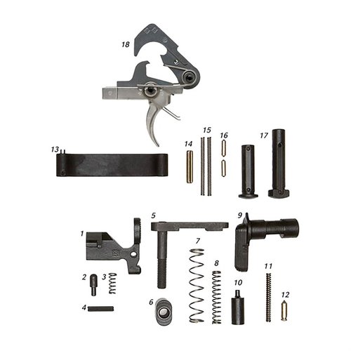 Täydellinen AR-15 Lower Parts Kit ACT Triggerilla sisältää kaikki tarvittavat osat, kuten Bolt Catchin, Mag Release'n ja Takedown Pinsit, saatavilla myös ilman kahvaa!