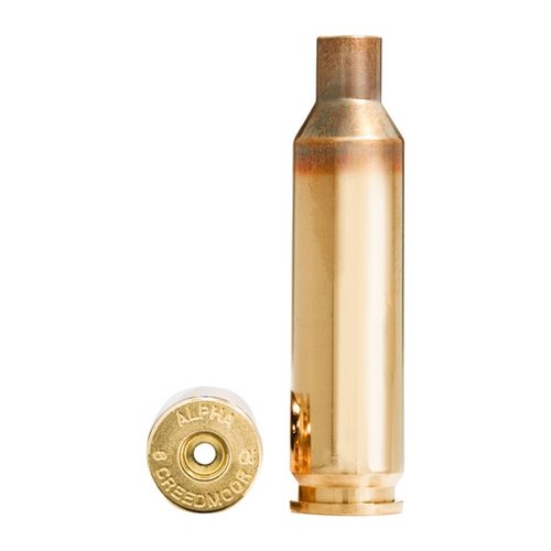 Alpha Munitions 6mm Creedmoor brass tarjoaa pitkäikäiset, OCD-optimoidut hylsyt, saatavilla Large tai Small Rifle prime pockets, 100 kpl suojatuissa laatikoissa.