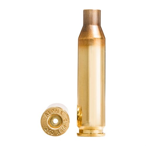 Alpha Munitions 260 Remington brass tarjoaa pitkäikäisiä patruunapohjia ja kestäviä hylsyjä, saatavilla Large tai Small Rifle prime pocket -vaihtoehdoilla.