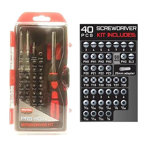PRO SCREWDRIVER SET 40 osaa sisältää laajan valikoiman työkaluja, mukaan lukien Slotted, Philips, Pozidriv, Torx ja Hex, täydellinen ammattilaisille ja harrastajille.
