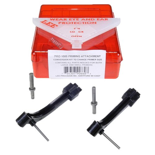 Lee Primer Attachment mahdollistaa Pro 1000 Pressin muuntamisen eri primer-kokoihin, sisältäen suuret ja pienet troughit, primer-pinnit ja jouset.