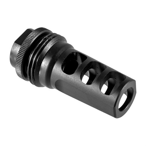 SilencerCo Hybrid ASR vaimenninmuzzle brake vähentää rekyyliä ja nousua, ja se mahdollistaa vaimentimen nopean kiinnittämisen yhdellä kädellä.