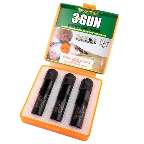 Brownellsin 3-Gun Extended Choke Tube Set tarjoaa kolme tarkkaa putkea: Improved Cylinder, Modified ja Full, valmistettu 1704 ruostumattomasta teräksestä.