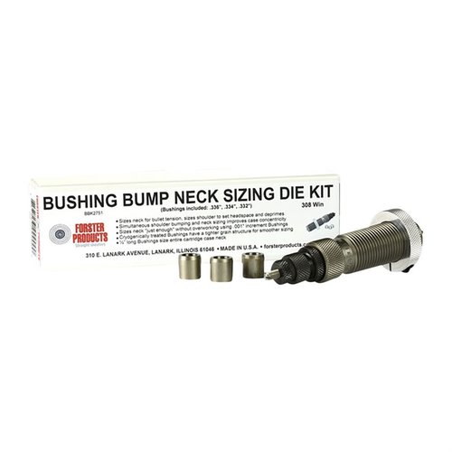 Forster Bushing Bump Neck Die Kit tarjoaa tarkkaa hallintaa patruunoiden kauluksen jännityksessä, sisältäen käsin hiotun koon ja kolme valittua bushingia.