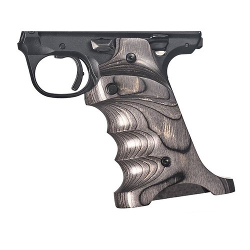 VOLQUARTSENin LAMINATE GRIPS Ruger Mark IV 22/45: ergonomiset sormikourut, peukalotuki, CNC-koneistettu laminoidusta puusta, mukana neljä allen-pulttia ja pidennetty patruunavapautus.