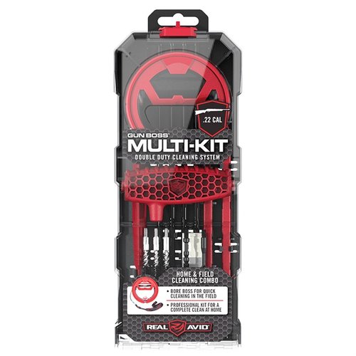 GUN BOSS MULTI-KIT tarjoaa täydellisen puhdistusratkaisun aseille, sisältäen Bore Bossin nopeaa puhdistusta varten sekä kaikki tarvittavat työkalut.