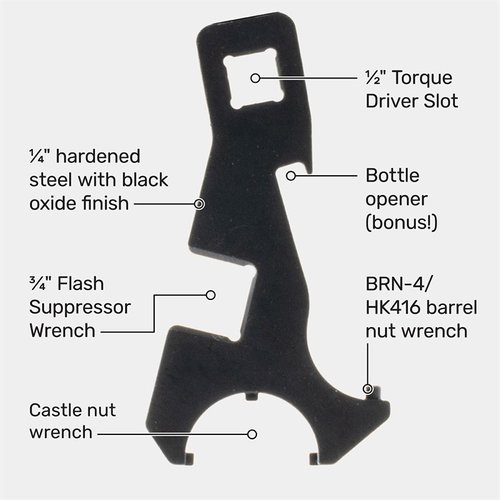 Brownells BRN-4 / HK416 Combo Wrench yhdistää castle nut, barrel nut ja flash hider työkalut sekä ½" drive ratchetin, täydellinen työkalu purkamiseen ja kokoamiseen.