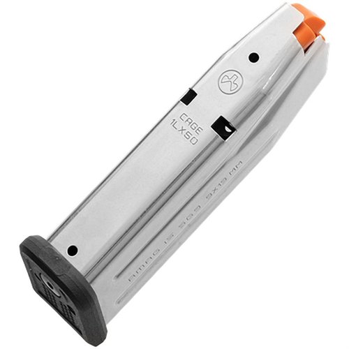 AMAG 15 SG9 on 15 laukauksen 9mm teräksinen lipas SIG P320 Compact -kiväärille, jossa on kestävä rakenne, helppo puhdistus ja kapasiteetti-indikaattorit.