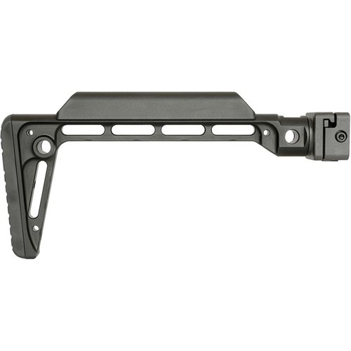 MINIMALISTIC SIDE FOLDING STOCK tarjoaa kestävän ja säädettävän rakenteen, 5 QD sling kiinnitystä ja mukautuvan taittomekanismin oikealle tai vasemmalle.