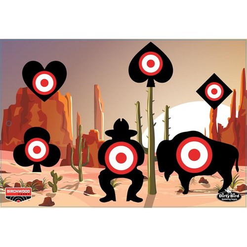 BIRCHWOOD CASEY DIRTY BIRD ACES HIGH 12 x 18" TARGETS tarjoavat erinomaisen näkyvyyden laukauksille, intensiivinen roiske parantaa kontrastia ja kestävä rakenne.