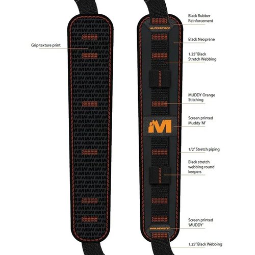 MUDDY SUMMIT RIDGE ?FLEXIBLE COMFORT SLING? on pehmeä ja kestävä, vähentää olkapäälle kohdistuvaa painetta, säädettävä pituus ja vahvat metalliset pikakiinnikkeet.
