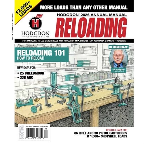 Hodgdon 2026 Annual Manual tarjoaa yli 11 000 latausta eri kaliipereille ja sisältää tiedot Hodgdonin, IMR:n, Winchesterin, Ramshotin ja Accurate-pulvereista.
