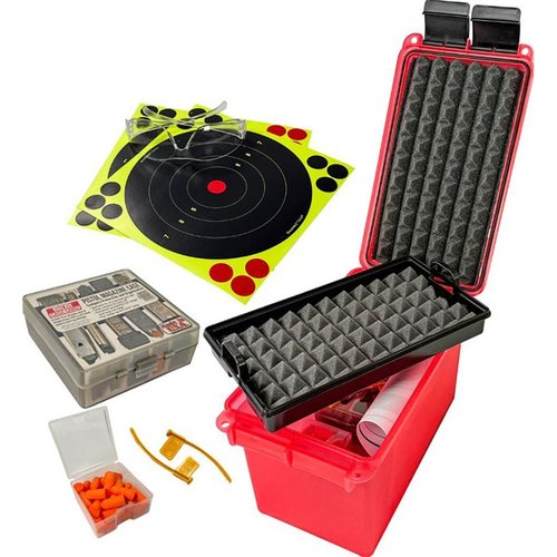 MTM PISTOL RANGE KIT sisältää kaiken tarvittavan ampumaradalle: suojat, magneettitelineen ja vesitiiviin laatikon, joka pitää varusteet järjestyksessä.