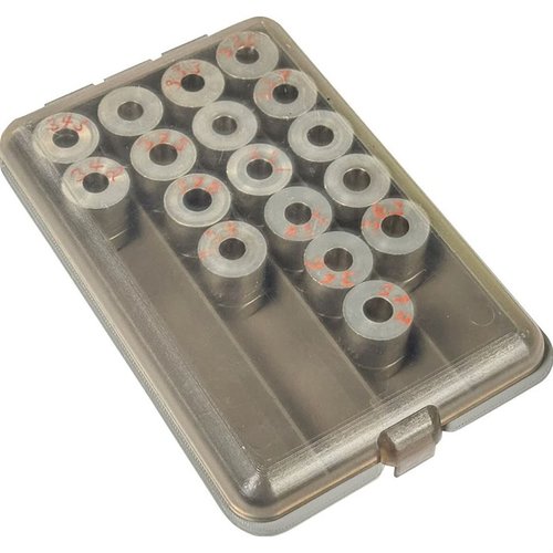 MTM POWDER & SHOT BUSHING BOX pitää bushings järjestyksessä ja näkyvissä, kompakti ja pinottava muotoilu, kirkas kansi nopeaa tunnistamista varten.