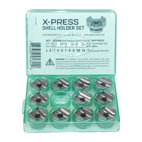 LEE PRECISIONin X-PRESS SHELLHOLDER SET sisältää 11 suosituinta shell holderia, jotka sopivat yli 115 eri patruunalle, varmistaen monipuolisuuden ja tehokkuuden.